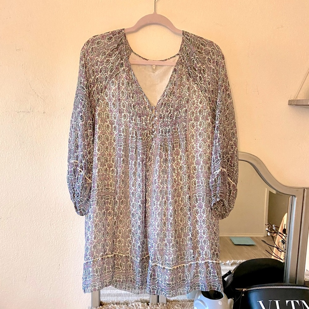 Joie Purple Green Floral Silk Long Sleeve Mini Babydoll Lightweight Dress Medium